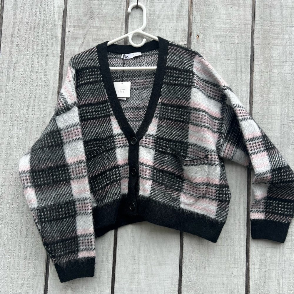 Zara cropped mohair plaid cardigan sweater NWT size Medium